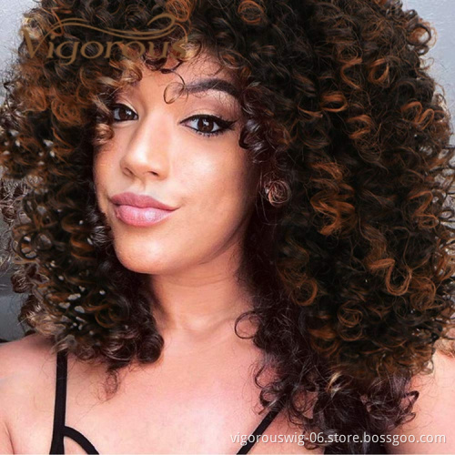 Vigorous Best Selling Supplier Short Bob Kinky Curly Afro Fluffy Ombre Brown Machine Made For Black Women Synthetic Hair Wigs
